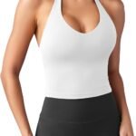 Women Halter Crop Top V Neck Workout Going Out Tank Top Padded Sleeveless Backless Trendy Summer Camisole
