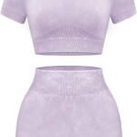Women Workout Sets 2 Piece - Seamless Acid Wash Yoga Outfits Shorts and Crop Top Matching Gym Athletic Clothing Set